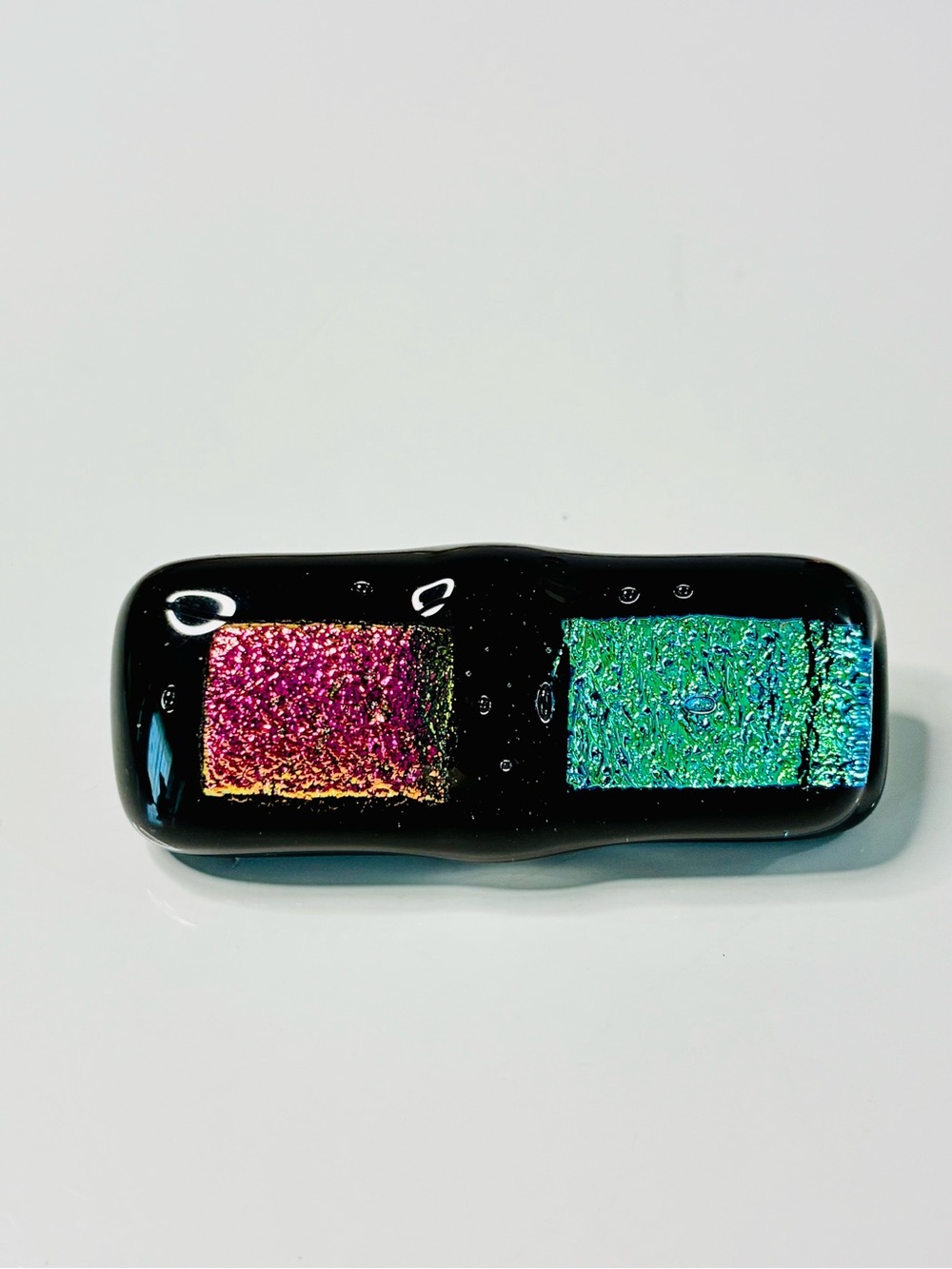 VTG Handmade Dichroic Glass Cabochon - Pink & Teal Rectangle Bar Brooch EUC